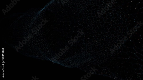 Fototapeta Flowing hexagonal mesh with subtle colored nodes forming a wave-like structure on a black background, creating a futuristic and minimalistic design