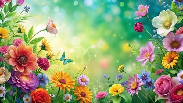 Fototapeta Spring Garden Clip Art Background: Painted Flowers, Copy Space Right
