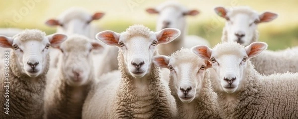 Fototapeta Flock of sheep grazes peacefully in a rustic farm setting alive with nature. Detailed closeup of brown and white sheep herd. Concept of sheep farming and herding. Open-air sheepfold. Farmhouse