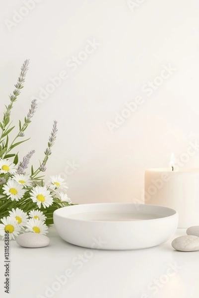 Fototapeta Serenity in a tranquil setting with flowers, candles, and smooth stones for relaxation and mindfulness