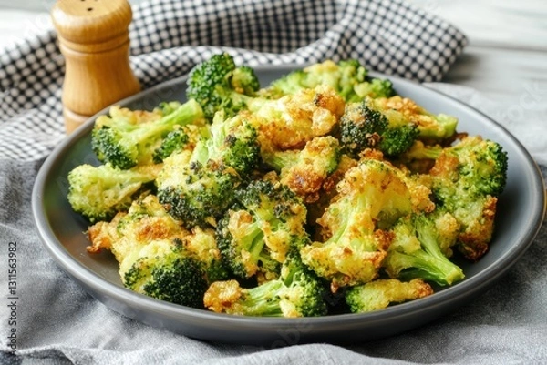 Fototapeta Freshly cooked fried broccoli in a golden crispy breading. The dish was served on a stylish ceramic plate and lay on a cloth napkin in cages. Suitable for food blogs, restaurant menus. Healthy eating