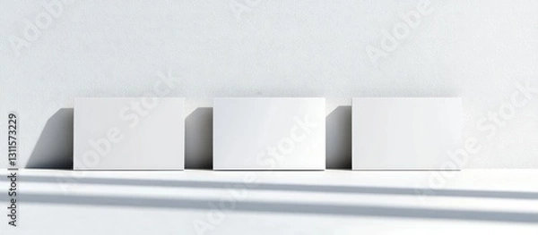 Fototapeta Three minimalist blank business cards arranged horizontally on a white textured surface with soft shadows creating depth and subtle contrast.