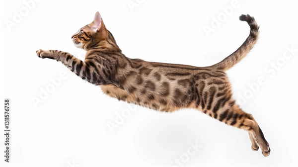 Fototapeta Side view of a Bengal cat jumping down, isolated on white