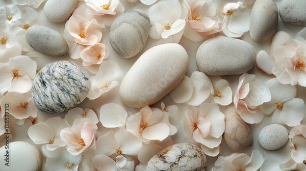 Fototapeta Natural decorative arrangement of smooth stones and delicate flower petals on a soft surface displaying tranquility and harmony in a serene setting
