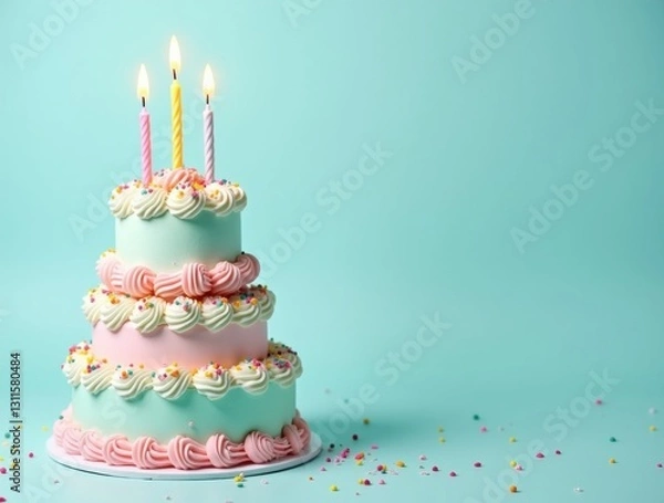 Obraz Soft-toned birthday cake in closeup with swirling pink and blue layers, topped by bright candles. Soft-toned icing exudes playful retro charm, ensuring a fun celebration for everyone