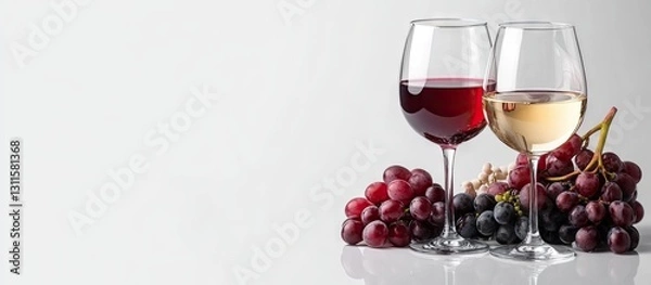 Fototapeta Red and white wine glasses positioned side by side on a white background, surrounded by red and black grapes, with ample copy space on the left.