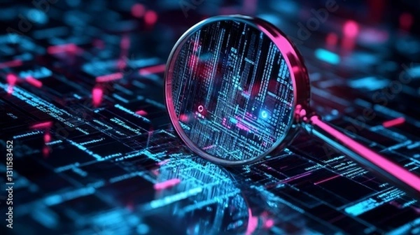 Obraz Digital magnifying glass scanning applications to detect vulnerabilities in a 3D-rendered concept of Application Security Testing (AST)