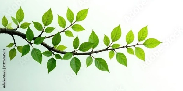 Fototapeta Long tree branch with leaves on white background, branches, foliage, elegant