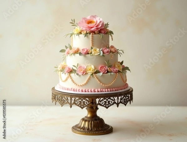 Obraz Soft-toned multi-tier biscuit cake with rose flowers and lace piping, showcased in nostalgic style. Soft-toned icing blends vintage elegance and pastel sweetness