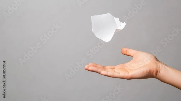 Fototapeta A hand releasing a floating, translucent object against a neutral background, symbolizing lightness and freedom.