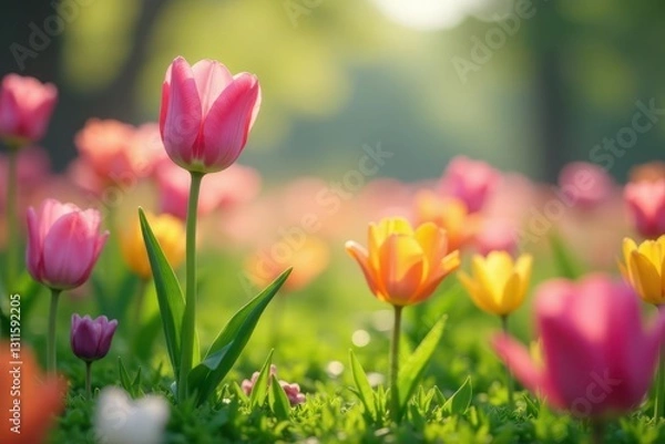 Fototapeta A vibrant field of tulips basking in the warm sunlight, showcasing a spectrum of colors and delicate petals, a picturesque spring scene