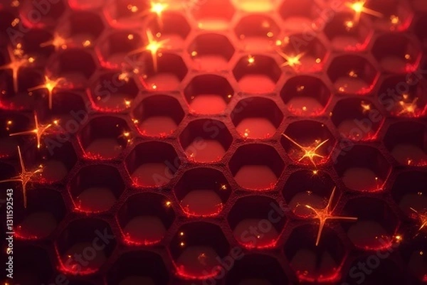 Fototapeta Red Hexagonal Pattern with Sparkling Particles - Advanced Material Structure