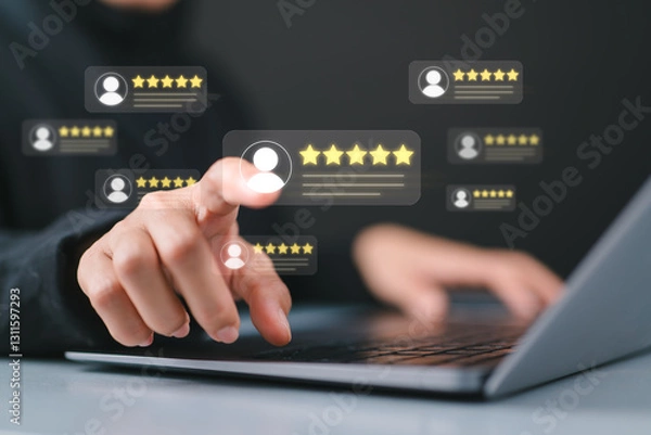 Fototapeta Customer feedback and review good rating concept, woman in a business suit interacting with floating digital 5-star customer reviews. testimonial and testimony, user comment and feedback for review.