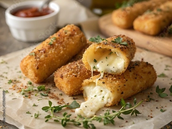 Fototapeta Delicious crispy mozzarella sticks with melted cheese, served with marinara sauce.