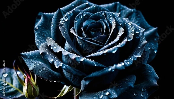 Fototapeta A Midnight Blue Rose, Glistening With Dew, Unfolds Its Velvety Petals In The Dark, A Symbol Of Mystery And Quiet Elegance Against A Stark Black Background