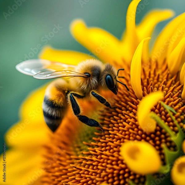 Fototapeta Close-up of a pollen-covered bee collecting nectar from a vibrant yellow sunflower, capturing the finest details of its tiny hairs and delicate wings