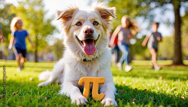 Fototapeta Happy Dog with Pi Symbol Sitting on Grass while Kids Play in Park for Pi Day
