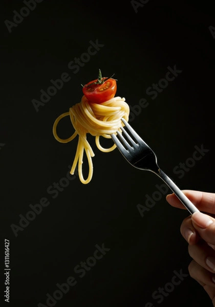 Fototapeta Fork with spaghetti and tomato, isolated on black background, elegant food photography.