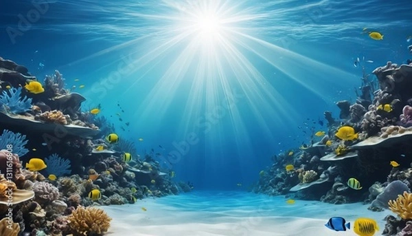 Fototapeta A Vibrant Underwater Paradise Teeming With Colorful Fish And Coral, Bathed In Sunlights Radiant Glow, Showcasing A Tranquil Ocean Floor