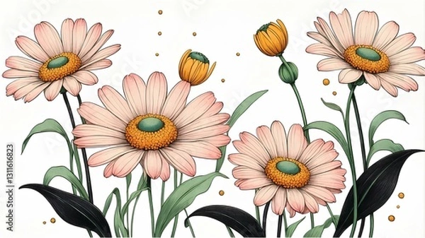 Fototapeta A minimalist digital illustration featuring four daisy-like flowers with white petals accented with pink. Each flower has a red center with a yellow circle in the middle.