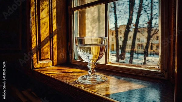 Fototapeta Clear water on the wooden table near the window. Generative Ai.