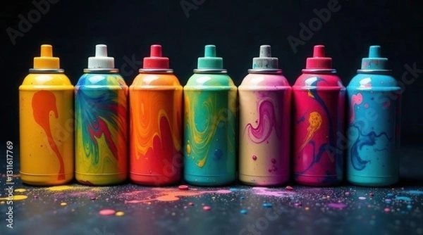 Fototapeta A Row of Vibrantly Colored Paint Cans with Swirled Designs on a Dark Surface