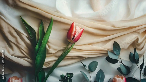 Fototapeta Flat lay red tulip on a white fabric table. Generative AI.
