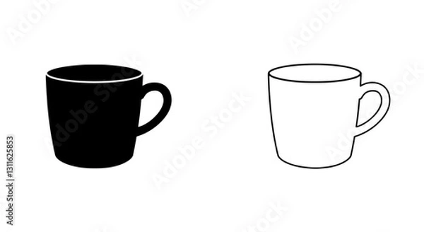 Fototapeta Ceramic Cup Silhouette Set: Two minimalist graphic designs showcase a ceramic cup silhouette, one solid black and the other outlined, ideal for design assets.