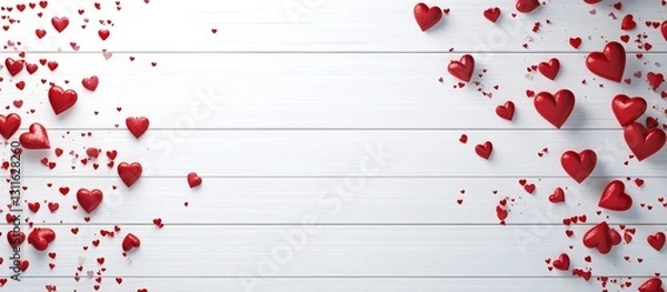 Fototapeta Vibrant red and white flying hearts frame a blank wooden background with scattered love symbols creating a festive Valentine's Day decoration.