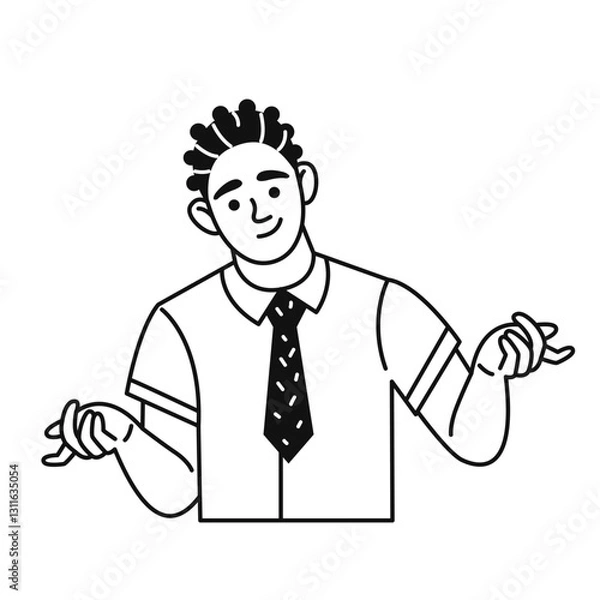Fototapeta Young business man in a thoughtful pose. Hands to the sides. Male doodle character. Vector black and white illustration in flat linear style