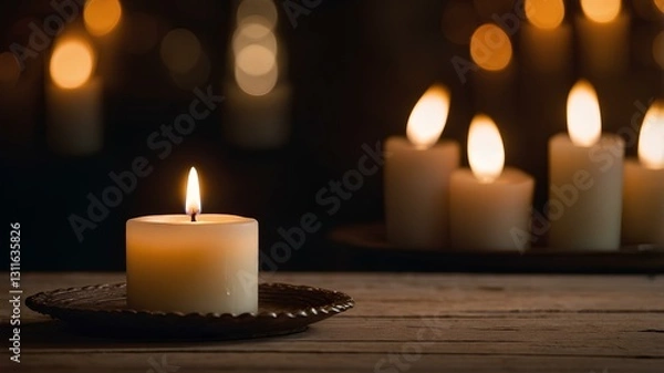 Fototapeta a small candle is burning in the foreground, some other candles are slightly blurred in the background, beautiful bokeh effect. The surface under the candle looks shiny and reflects light
