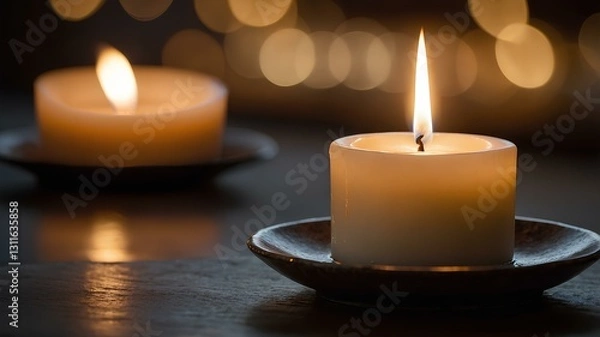 Fototapeta A burning white candle with a golden bokeh background. The candle has drops of melted wax on the side, creating a warm and calming atmosphere.