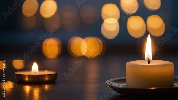 Fototapeta Three candles in transparent glasses with soft flames, creating a warm and intimate atmosphere. In the background, several other candles are visible with a golden bokeh effect.
