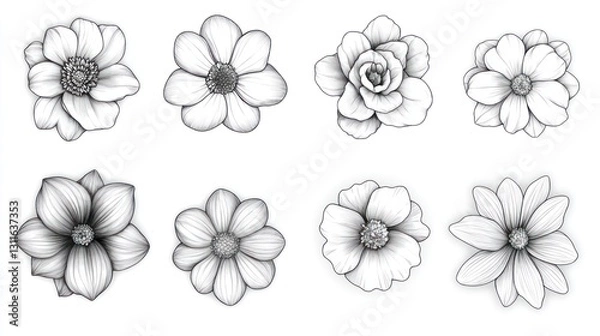 Obraz Eight monochrome flower sketches; design resource