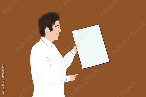 Obraz Man pointing at tablet with blank white screen, displaying  app interfaces or advertising content