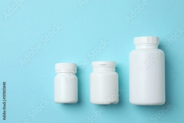 Fototapeta White bottles on blue background, top view