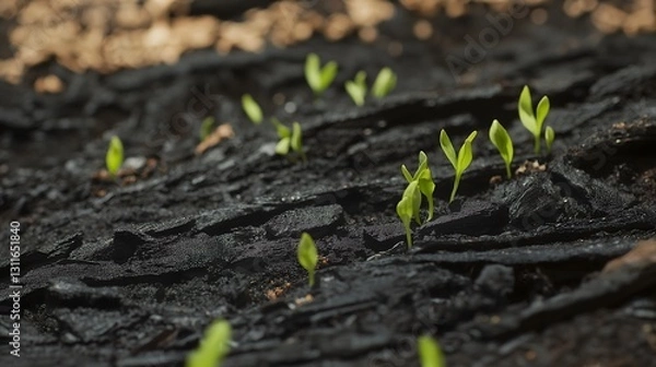 Obraz Green Seedlings Sprouting from Charred Forest Ground