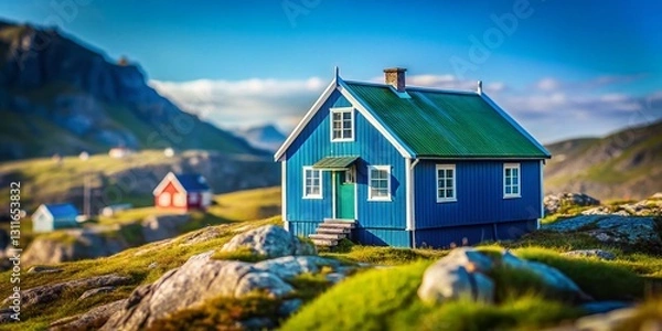 Fototapeta Tilt-Shift Photography: Metallic Blue Building Reflecting Greenland Nature, Qaqortoq