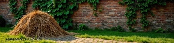 Fototapeta Stack of straw beside ancient brick wall with ivy and moss, organic, ivy