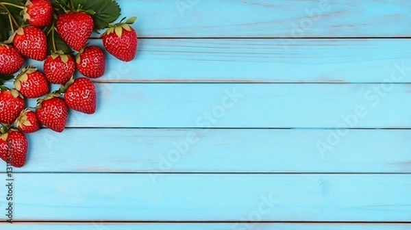 Fototapeta Strawberries displayed on blue wood. A bright, inviting header for recipes and food blog posts