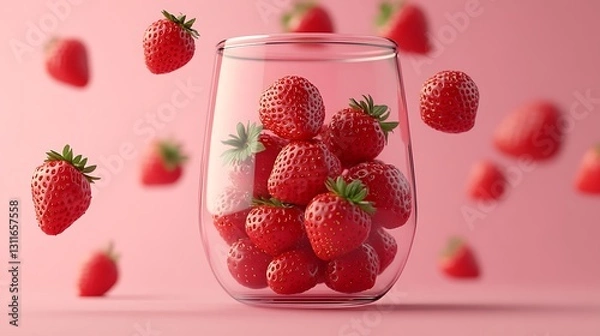Fototapeta Strawberries fall into glass. Pink background, use menu, recipe, food blog, store ads