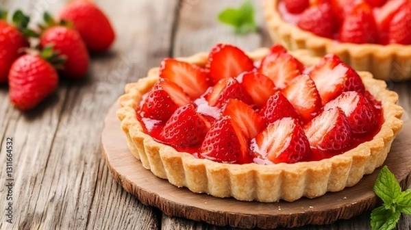 Fototapeta Strawberry tart rests on wood, others blur behind. Use for dessert menu or promotion