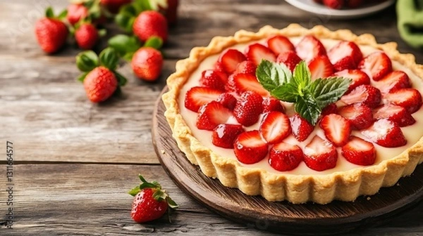 Fototapeta Strawberry tart on table with berries. Dessert, pastries, baking recipe background, food photography use