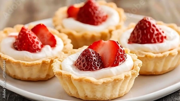 Fototapeta Strawberry tarts with cream filling sit on a plate with a wood surface, ideal for dessert promotions