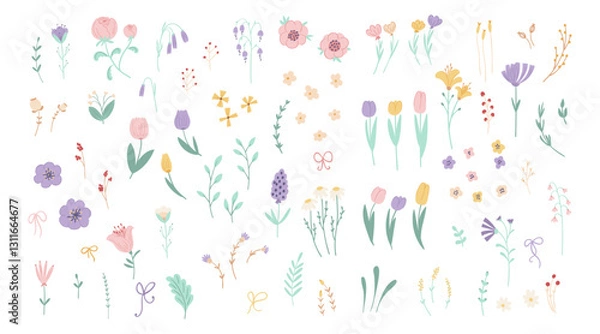 Fototapeta Collection delicate spring wildflowers isolated on white background. Set floral graphic elements: peony, tulip, chamomile for the design of postcards, wedding templates. Vector illustration