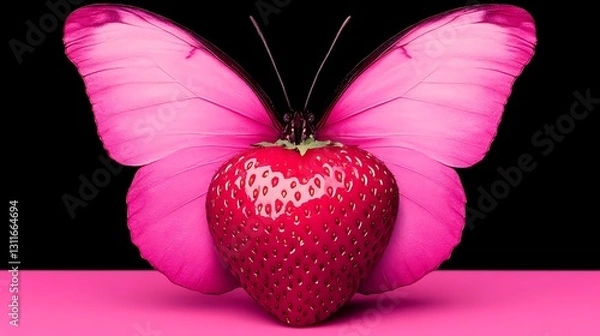 Fototapeta Strawberry with pink butterfly wings on a pink surface with dark backdrop for food or beauty concept