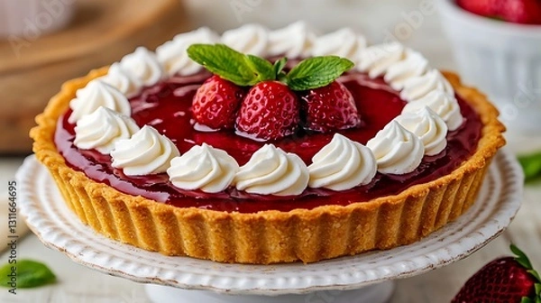 Fototapeta Strawberry tart topped with cream, displayed, for a recipe, food background with berries