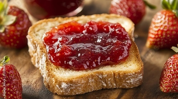 Fototapeta Toast with strawberry jam on board. Strawberries blurred behind. Use breakfast blog