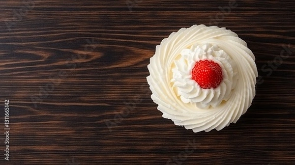 Fototapeta Top-down cake with cream & berry on wood. Space left for text. Food blog, card, or invite use