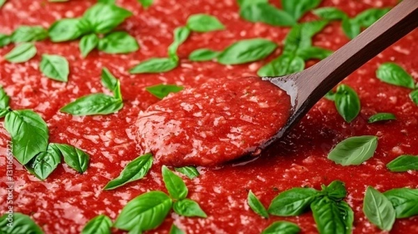 Fototapeta Tomato sauce being stirred with basil background. For cooking websites, blogs, recipe books use
